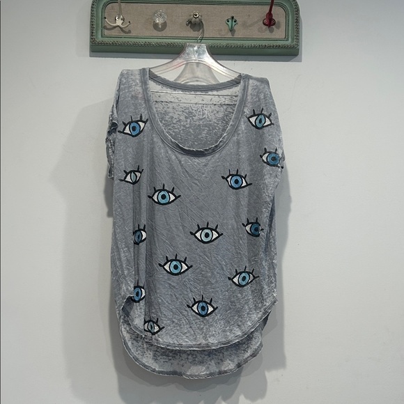 Chaser Blue Evil Eye Protection Pattern Gray Women's Tee burn out cotton large - Picture 1 of 6